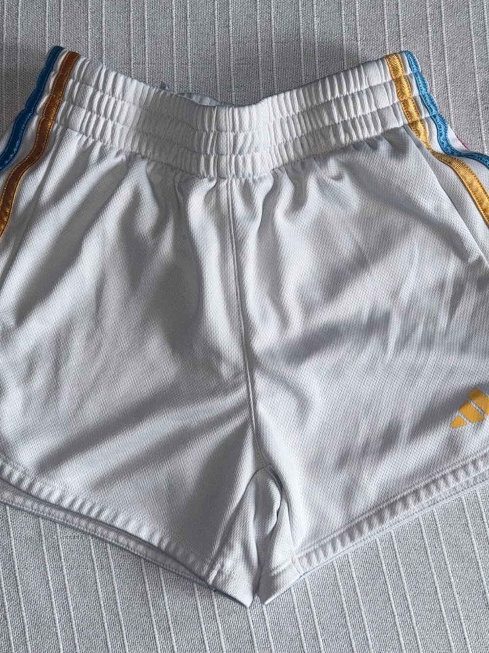 Kids adidas White Athletic Shorts with Yellow & Blue Trim
